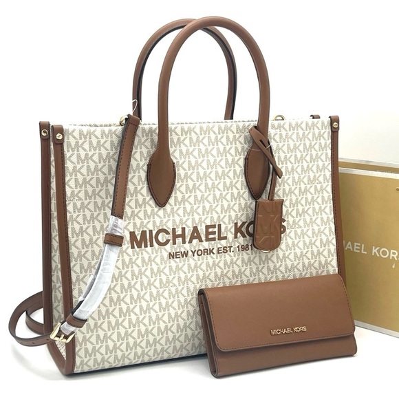 Michael Kors Mirella Medium EW Tote Bag & Trifold Wallet Vanilla/Brown (NWT) - Picture 2 of 11